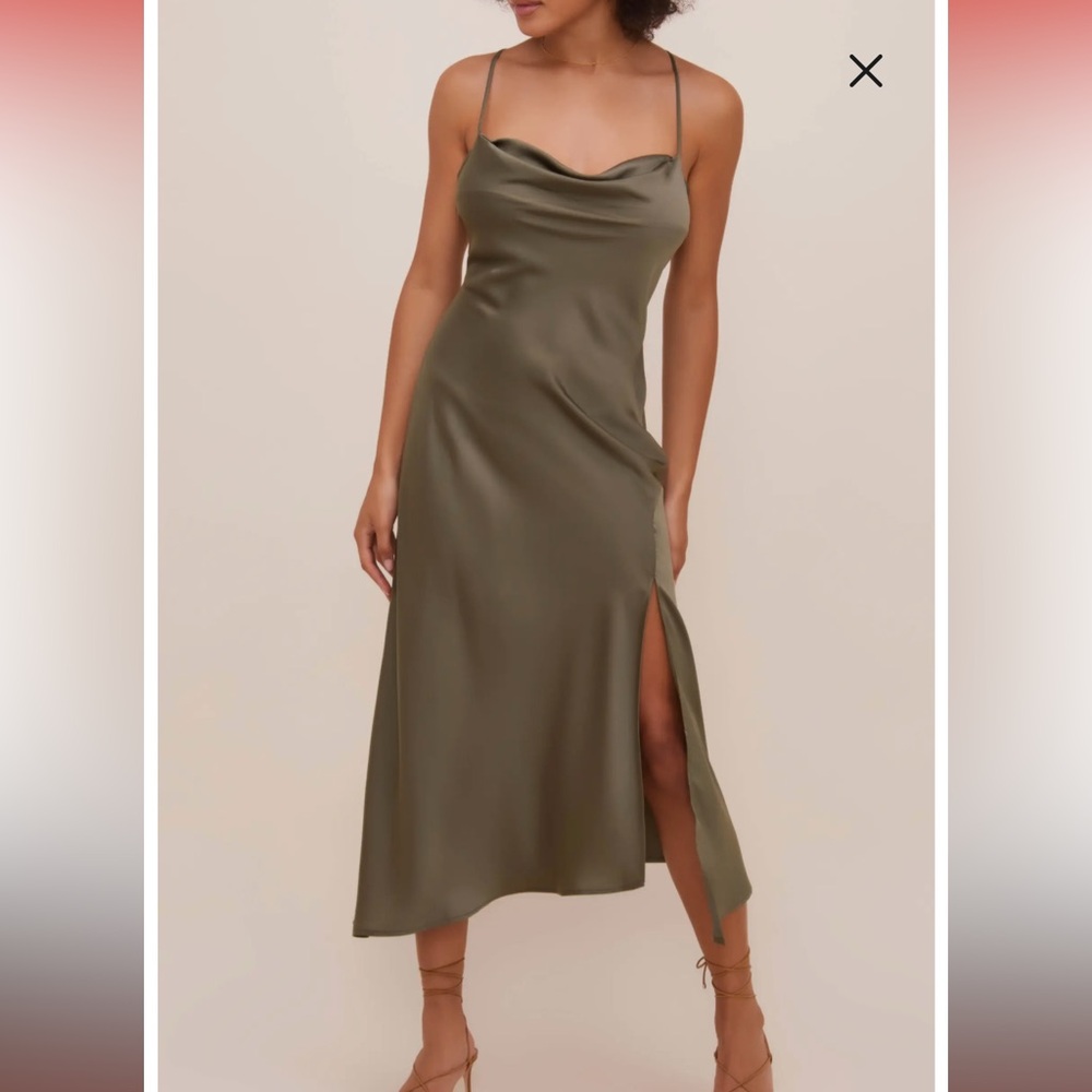 Astr Olive Green Satin Cowl Neck Midi Dress